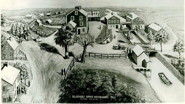 A drawing of the Watershops with surrounding houses and roads. 