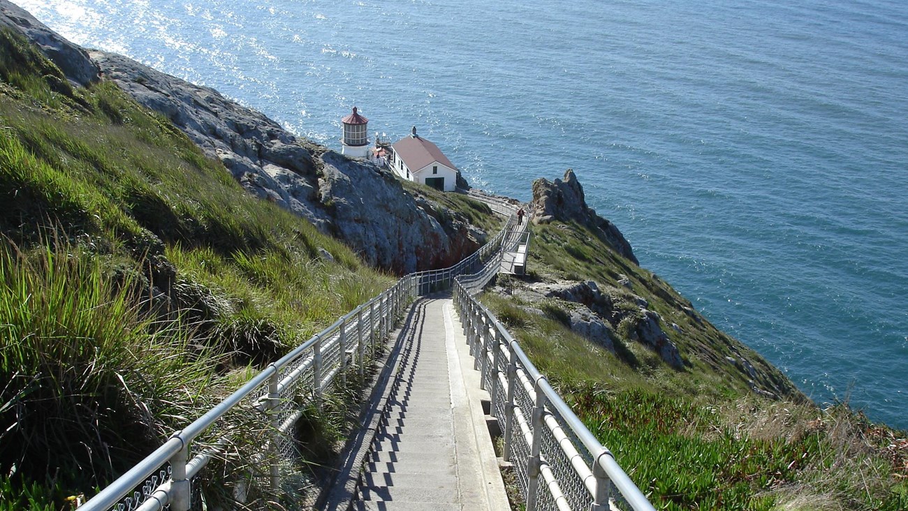 Stairs lead down to a lighthouse on the Point Reyes National Seashore