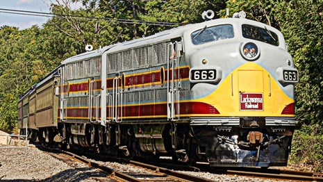 DLW-painted F3 diesel locomotive in gray, maroon and yellow colors