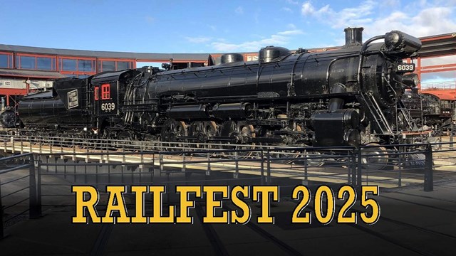 Photo of Locomotive on Turntable with text "Railfest 2025"
