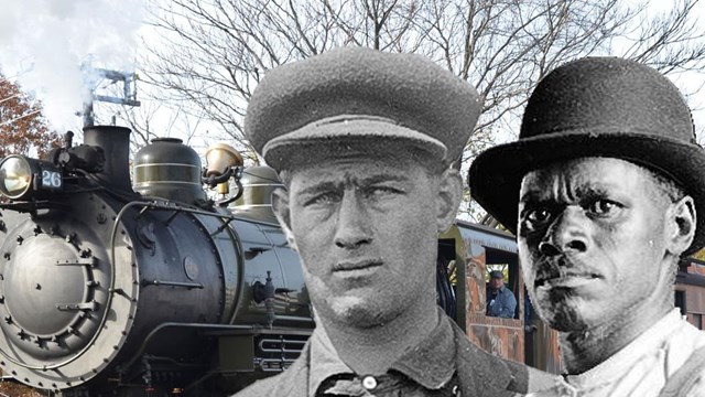 Background of photo is a steam engine on tracks, two black and white portraits superimposed on top