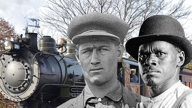 a black and white cutout of two individuals superimposed over a color image of steam locomotive