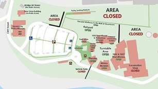 an illustrated map of steamtown complex showing designated open areas and closed areas
