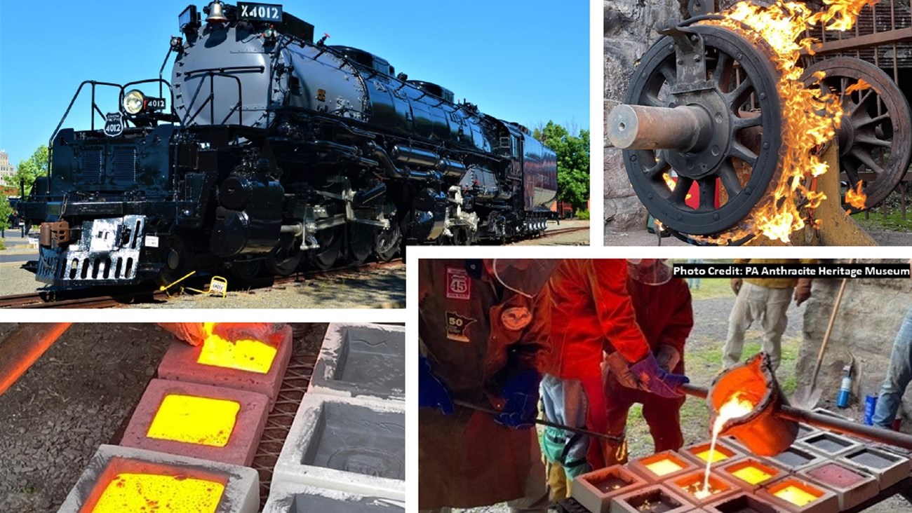 collage of four images showing a train, two iron pour demos, and ring of fire