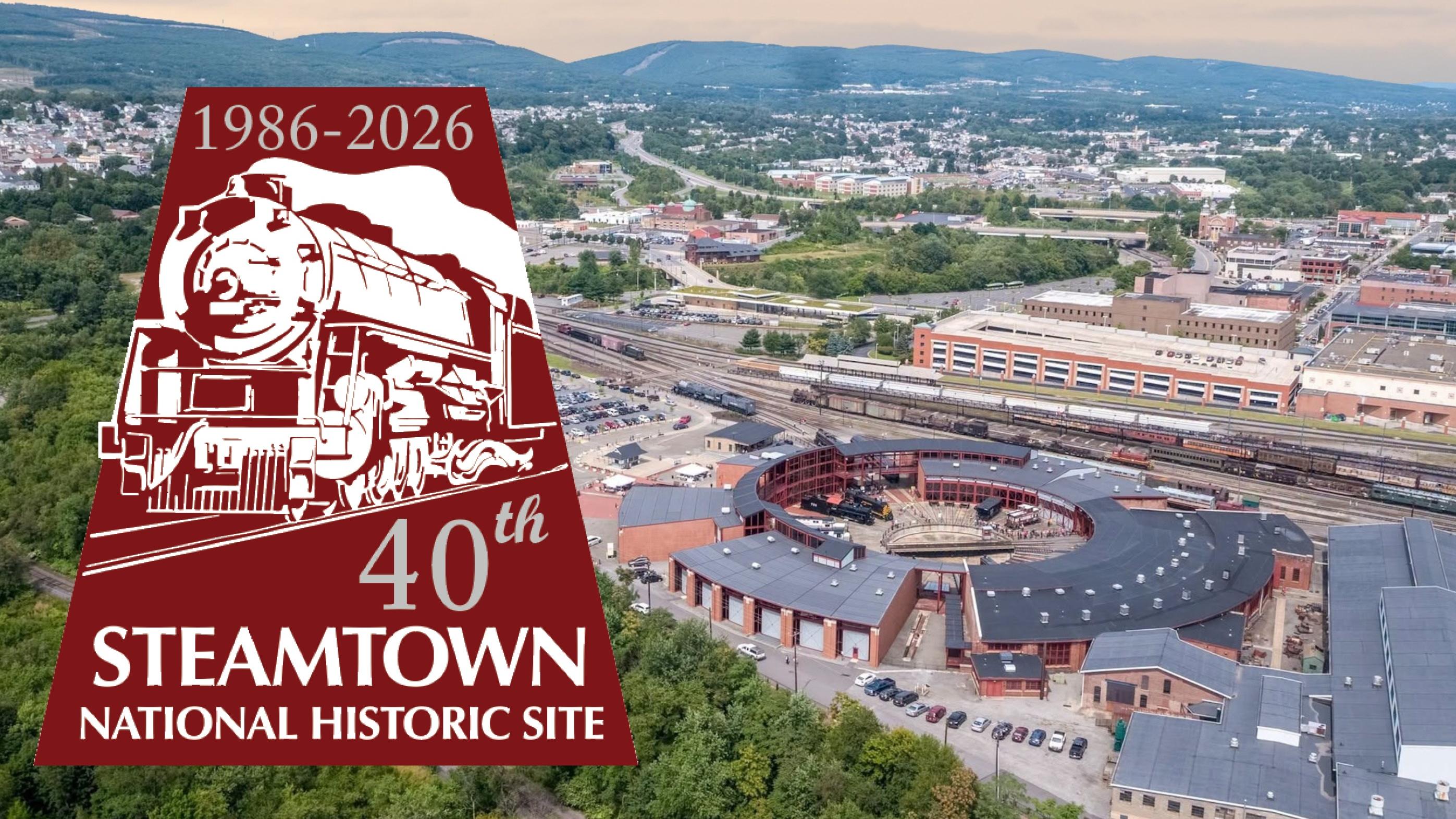 Aerial view of the Steamtown site with the 40th anniversary logo superimposed