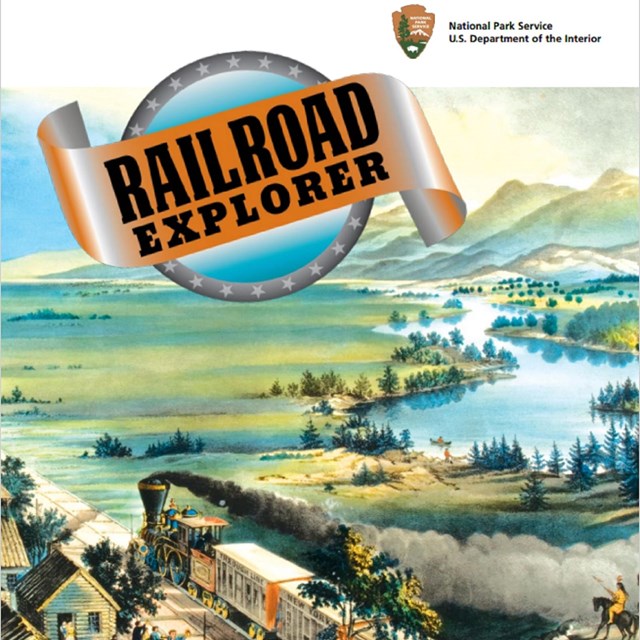 Image of the cover of the railroad junior ranger activity. Shows illustration of train at a station.