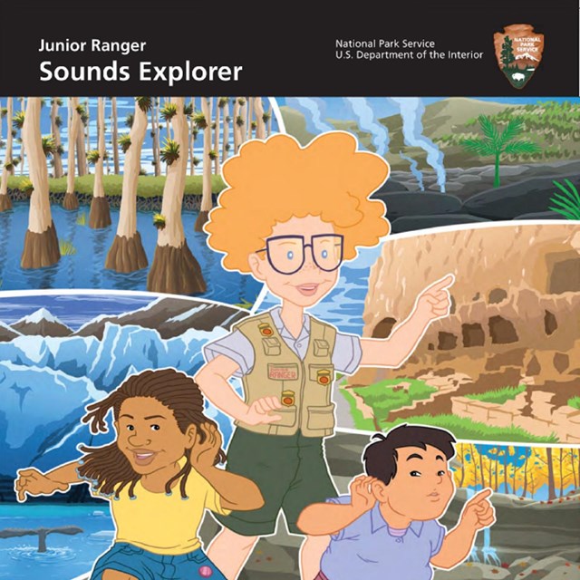 Image of the cover of sounds activity book. Illustration of 3 kids gesturing to listen