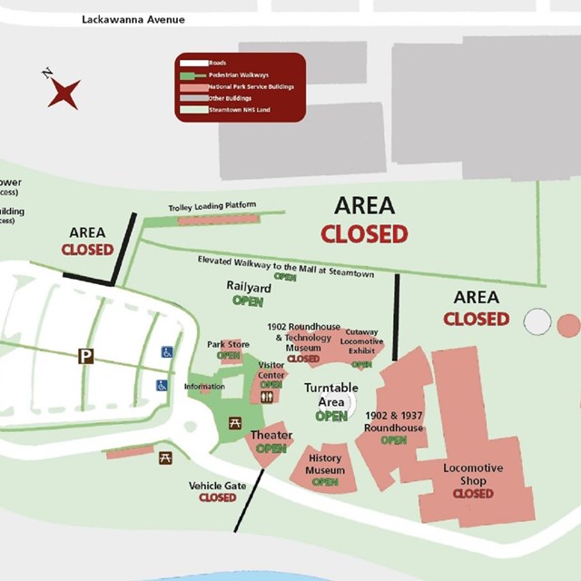 an illustrated map of steamtown complex showing designated open areas and closed areas
