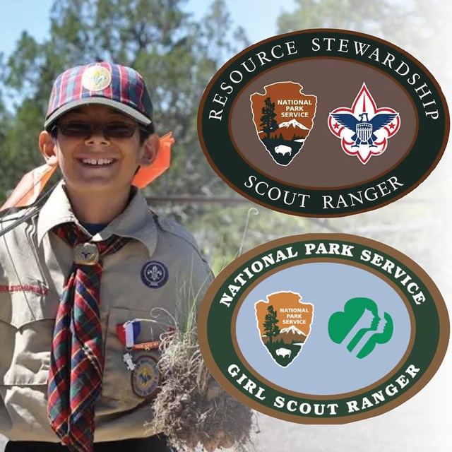 Image of boy scout on left with two program patch logos on right