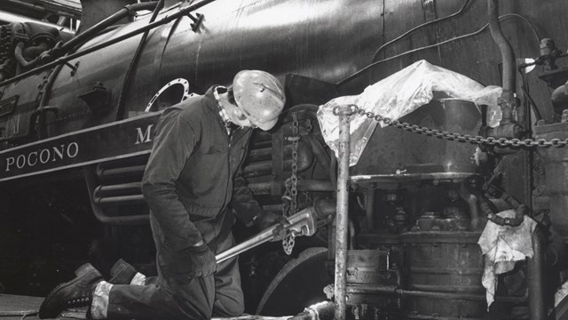 Park staff working in the Steamtown locomotive shop