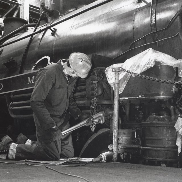 Park staff working in the Steamtown locomotive shop