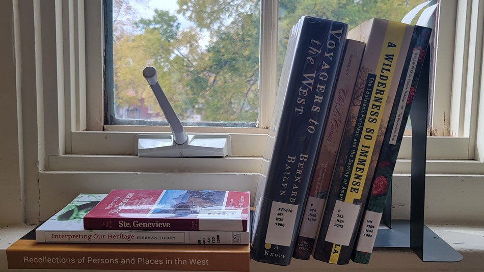 Several books stacked on a windowsill, with fall colors appearing on the trees outside