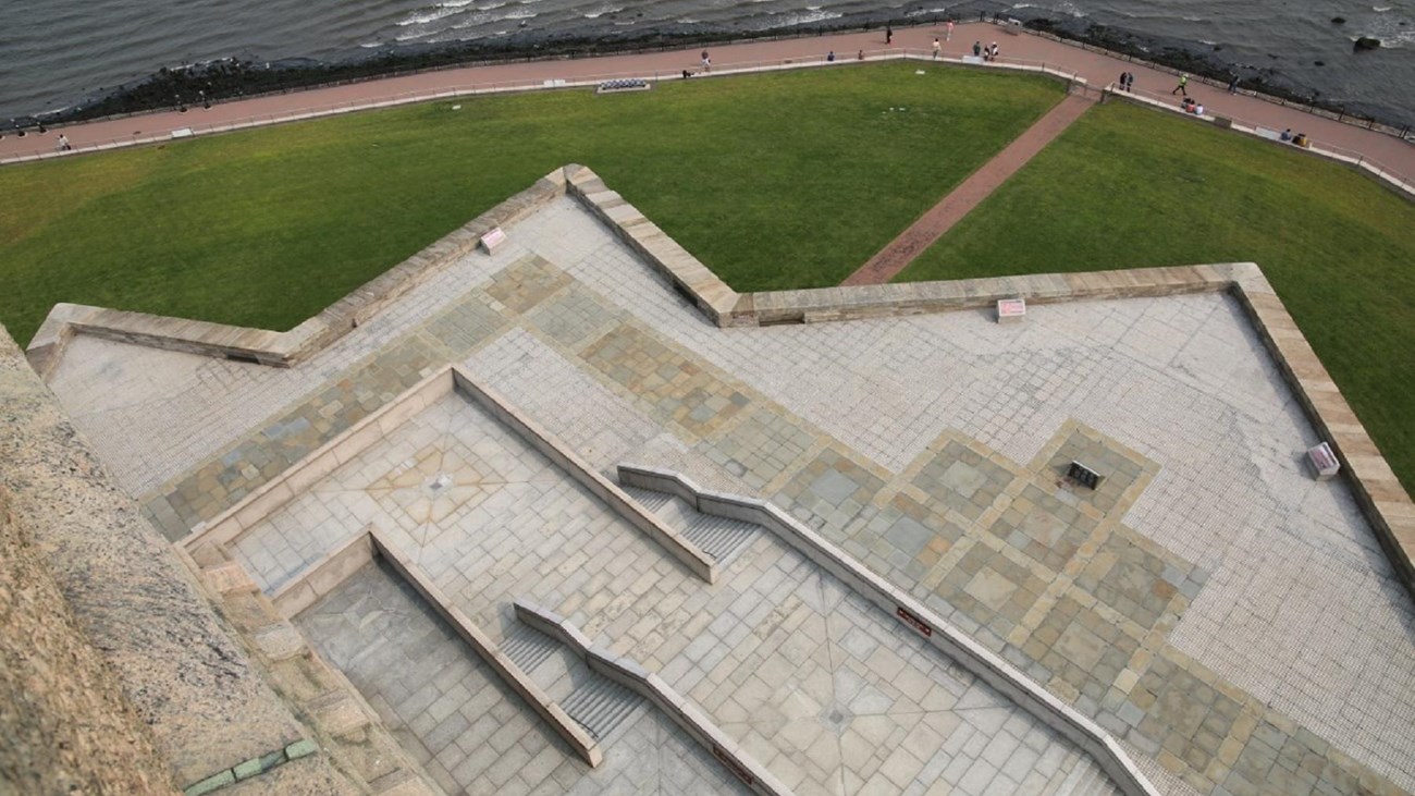 An aerial looking down at the top of concrete structure.