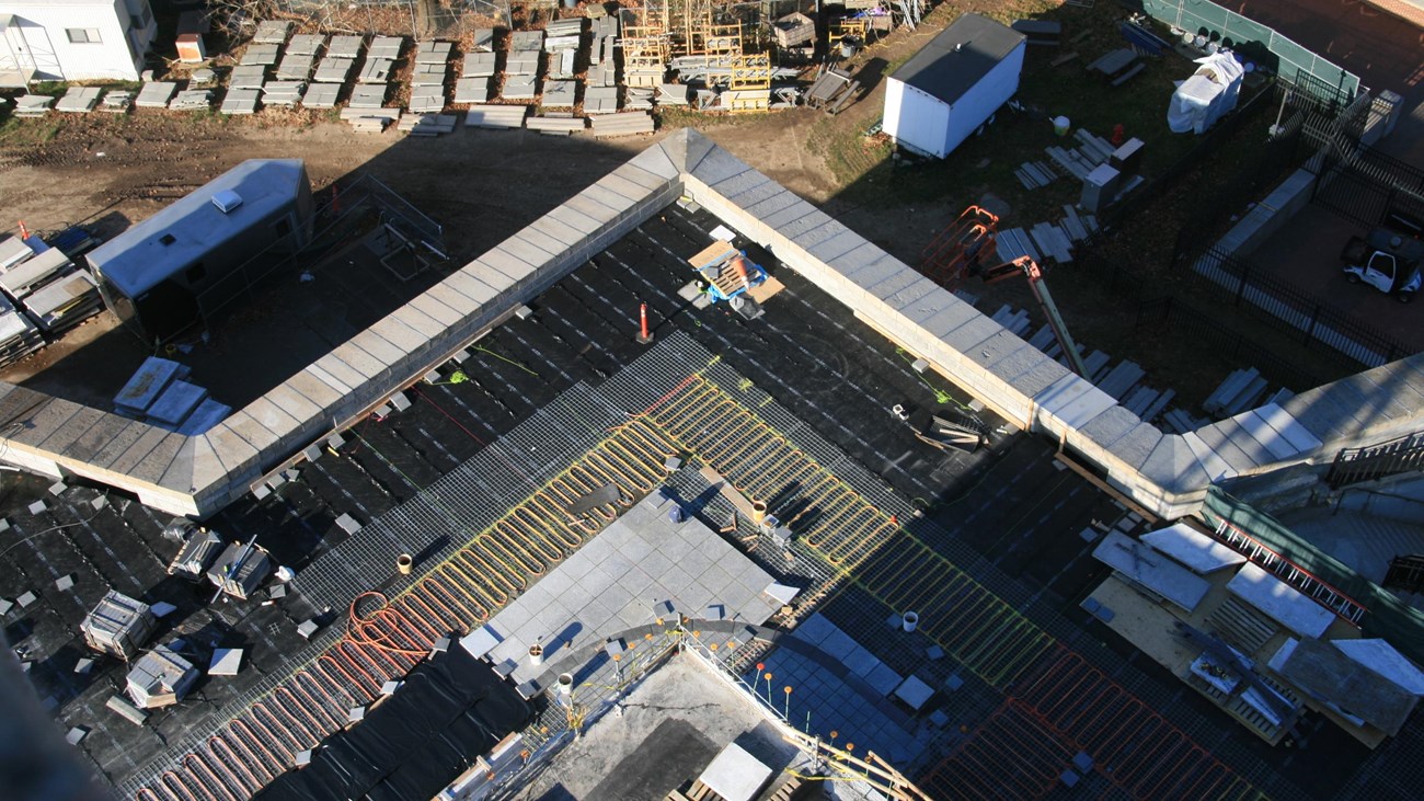 An aerial looking down at the top of concrete structure.