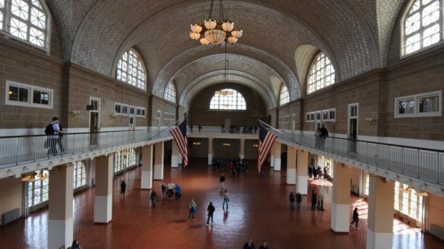 Photograph of the front of the Great hall in the main immigration building