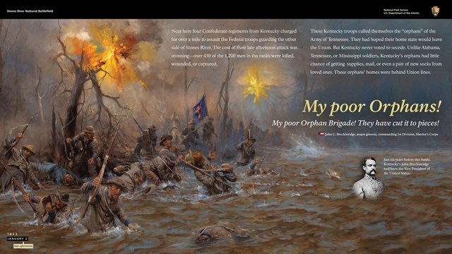Exhibit with main image depicting Confederate troops wading through brown water.