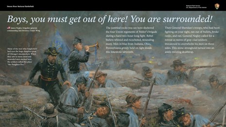A Union officer shouts over crouched Union soldiers with text in foreground