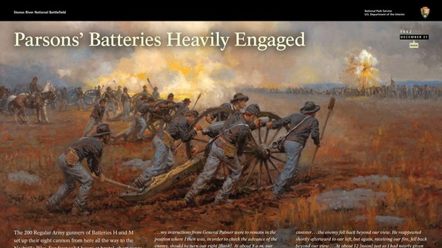 Exhibit panel painting showing Union soldiers pushing a cannon forward. Cannons in the distance fire
