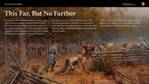 Exhibit painting of Confederate infantry in the woods while a small group of men fire behind a fence