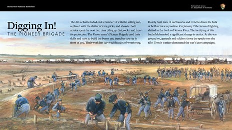 A painting of Union soldiers building earthworks. In the background, a wagon is unloaded