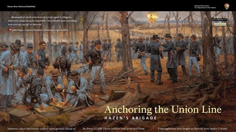 Painting viewing Confederates attacking across a field from behind a line of Union soldiers.