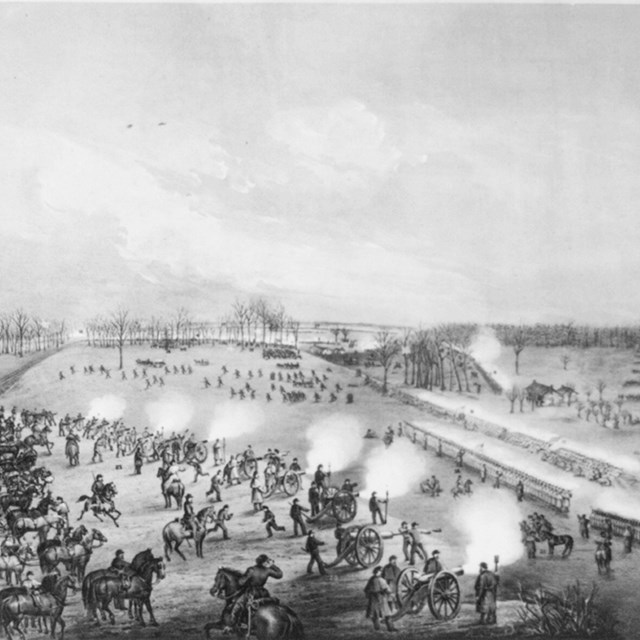 Drawing of Union cannon and infantry firing at oncoming Confederate lines.