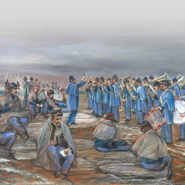 Painting of Union soldiers lying in a field listening to a brass band.