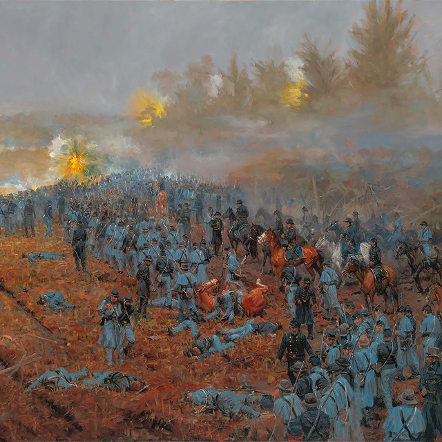Painting of a mass of Union soldiers moving and firing in a field.