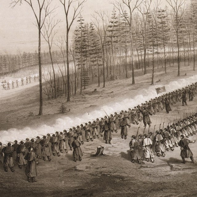 A black and white 1860s illustration of the Battle of Stones River