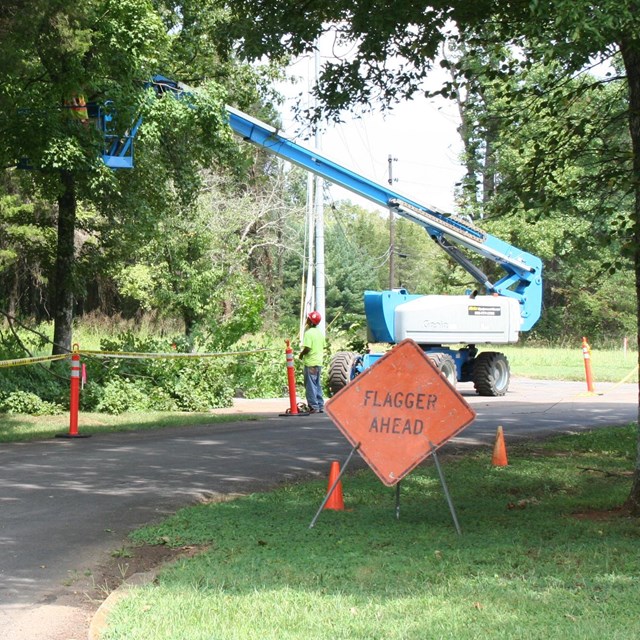 An orange sign says 