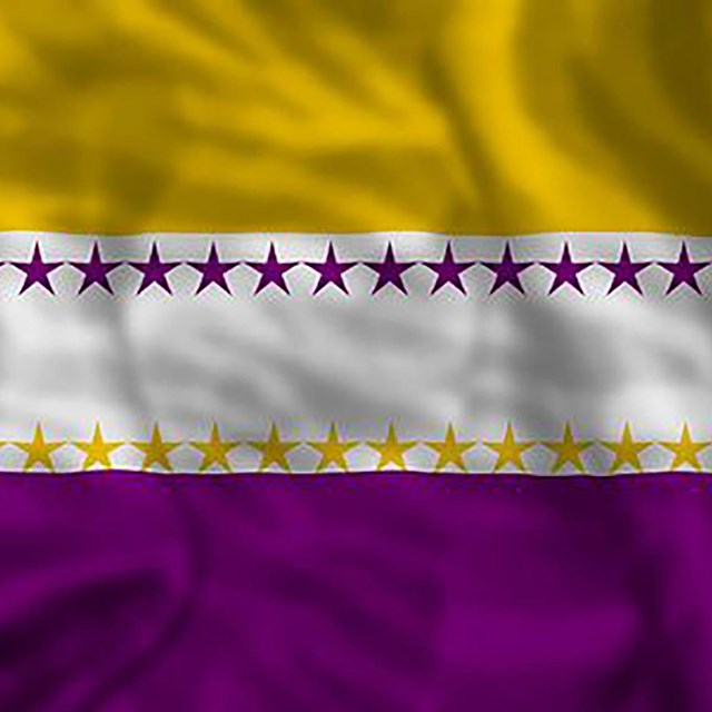 Flag with gold, white and purple horizontal stripes and rows of purple and yellow stars.