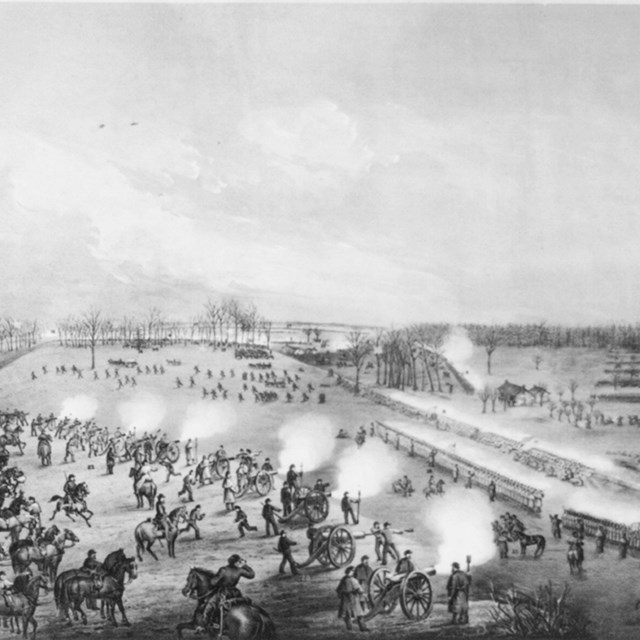Sketch showing lines of infantry in front of cannons firing across a road.