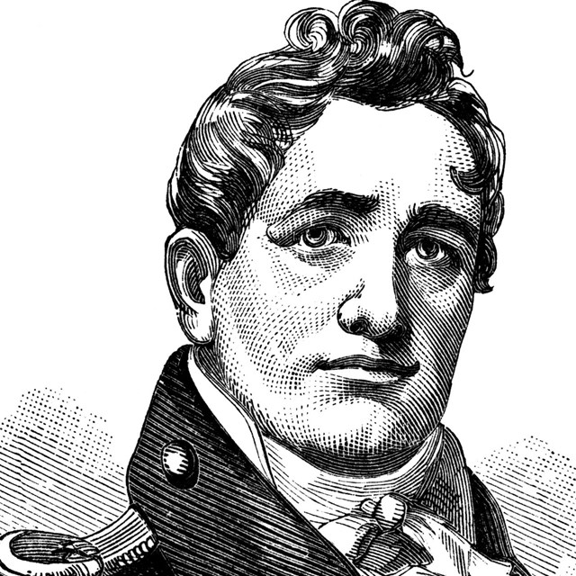 A black and white illustration of a man in a naval uniform.