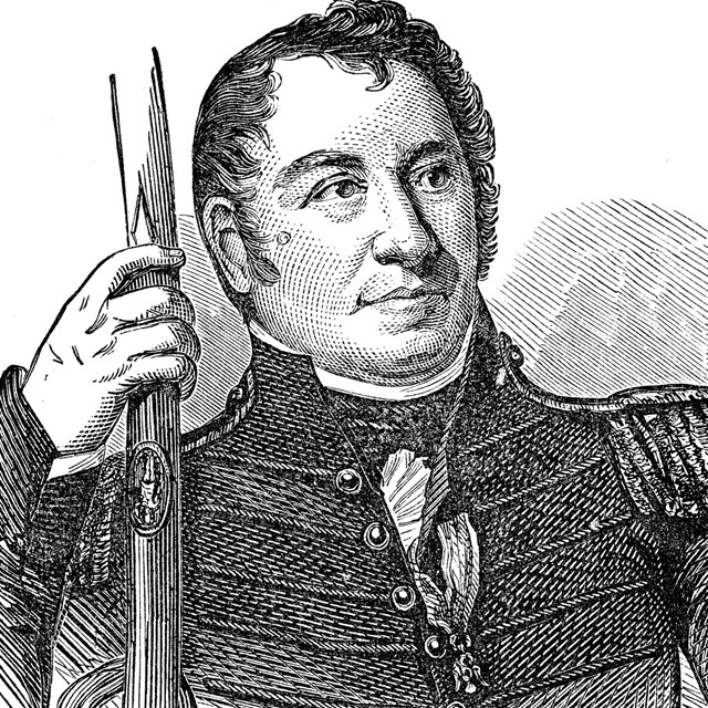 A black and white line illustration of a man in a military uniform, holding a sword.
