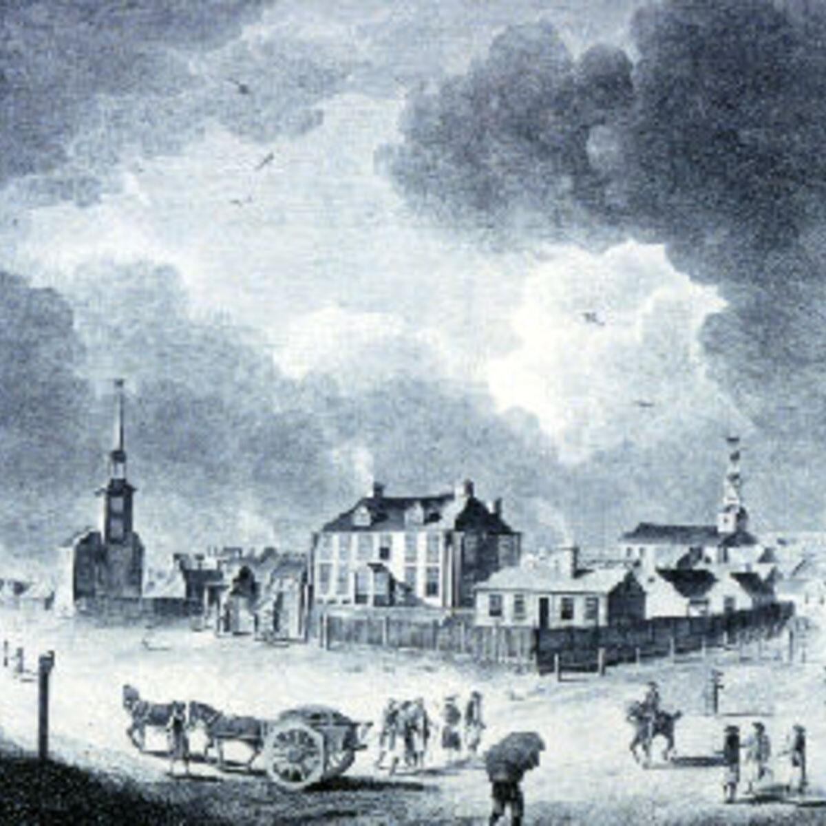 An engraving of an old town with brick buildings, horse-drawn carts, and people walking around.