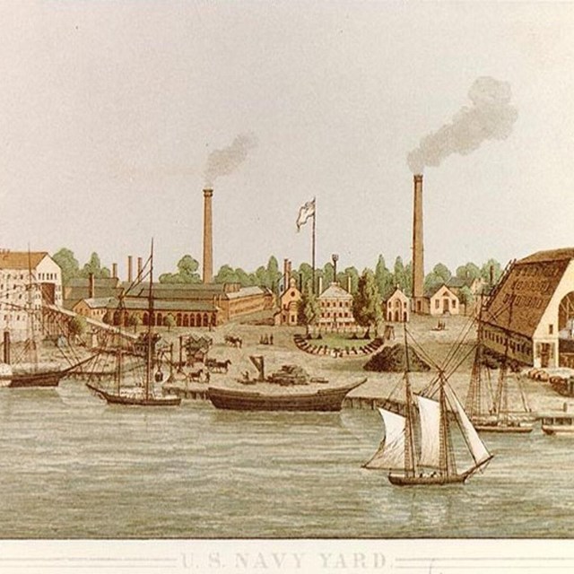 A lithograph with boats sailing in the foreground and buildings and smokestack in the background.