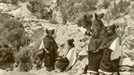 sepia photograph of several Hopi women in traditional dress, circa 1800s