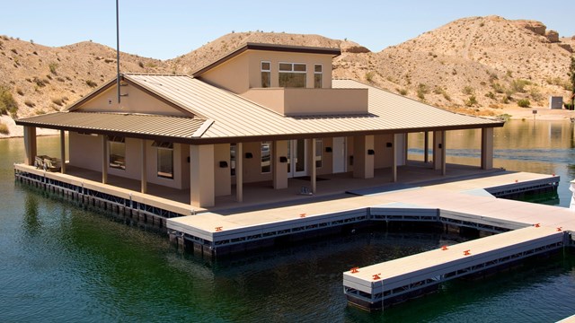 Park structure built next to a lake.