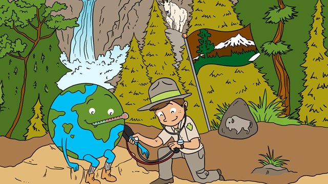 A cartoon of a ranger taking the pulse of the Earth.