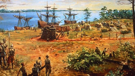 Painting of colonial town. Sidney E. King, artist, Colonial National Historical Park