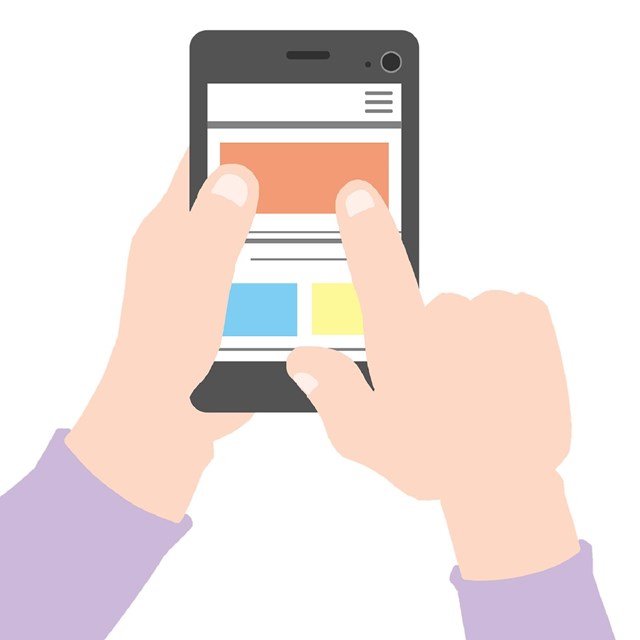 Cartoon of hands holding smart phone. 