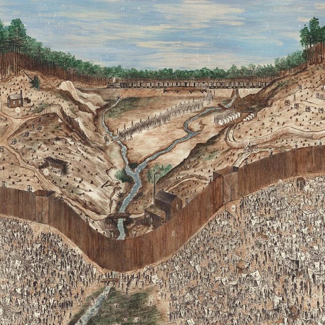 Historic drawing of the Camp Sumter military prison in August, 1864 by a former prisoner