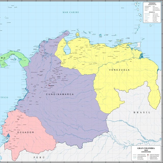 Spanish-language map showing historical boundaries of Gran Colombia in northern South America