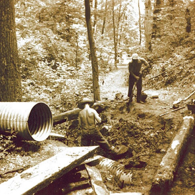 Two men digging with shovels in wooded area near pipe