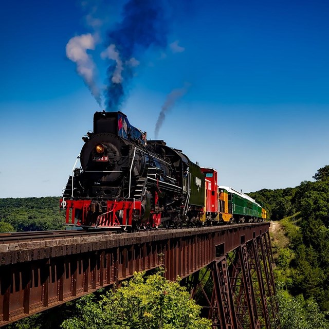 Train traveling over bridge. 