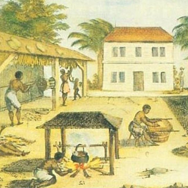 Painting of enslaved people laboring. 