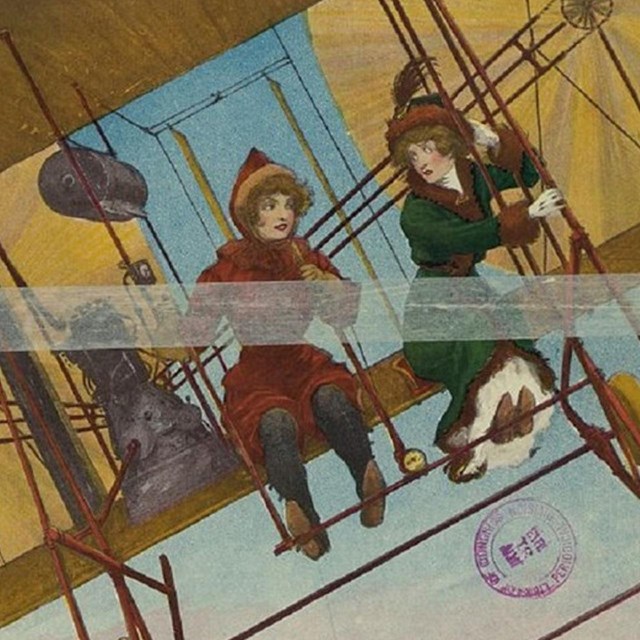 Cartoon of two women in an early airplane. 