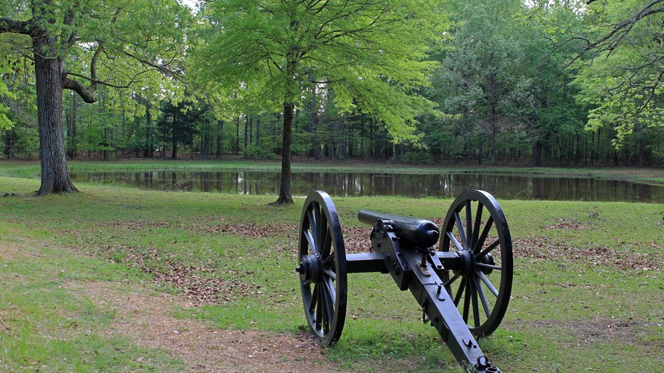 Cannon next to pond and trees, Shiloh, TN