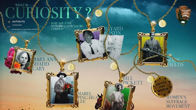 Graphic of portraits connected by necklace chains