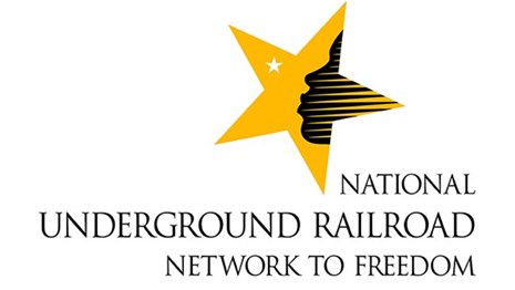 Graphic image with face inside yellow star and text National Underground Railroad Network to Freedom